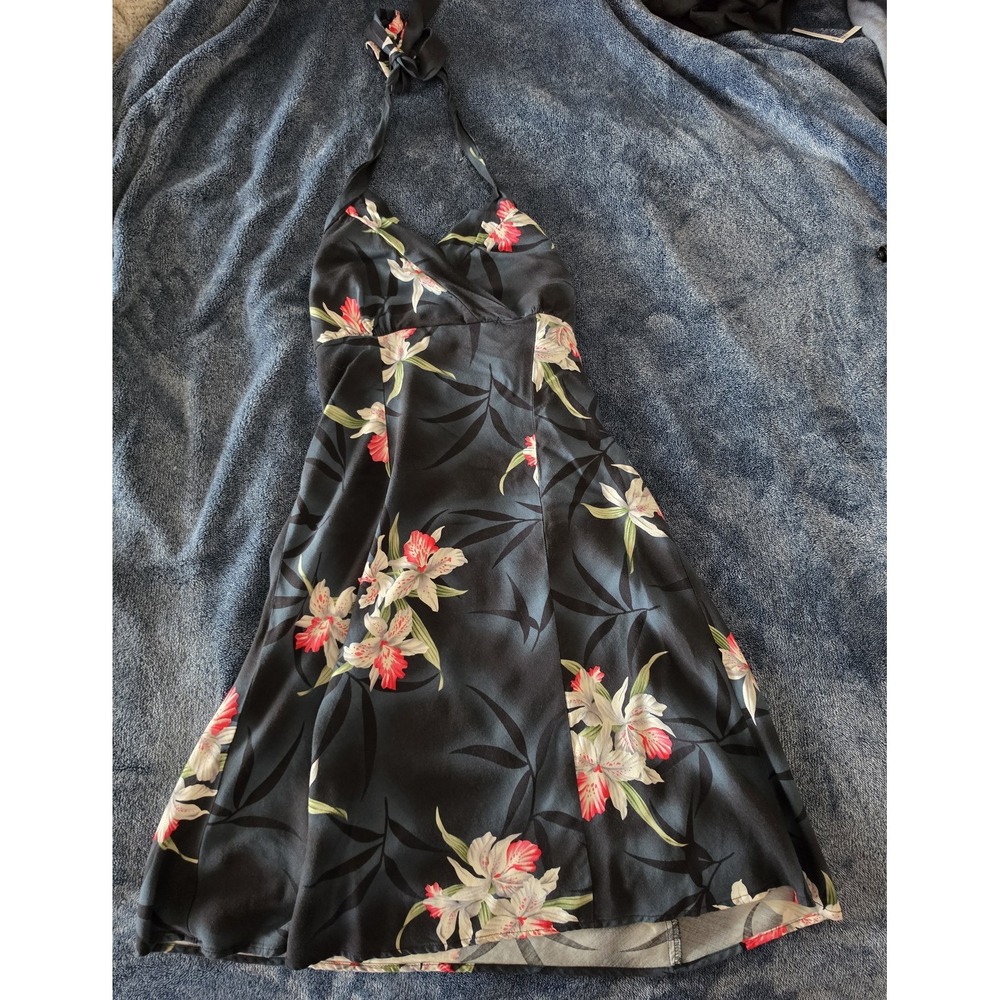 Vintage Two Palms XS Sleeveless Mini Dress Black Floral Made Hawaii Orchids